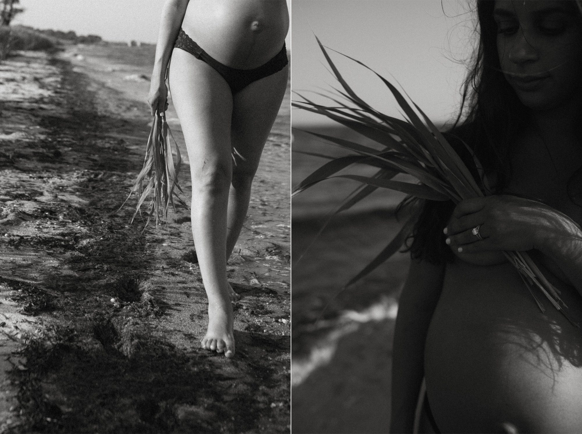 black and white pregnant woman maternity photos walking by the shore of the beach