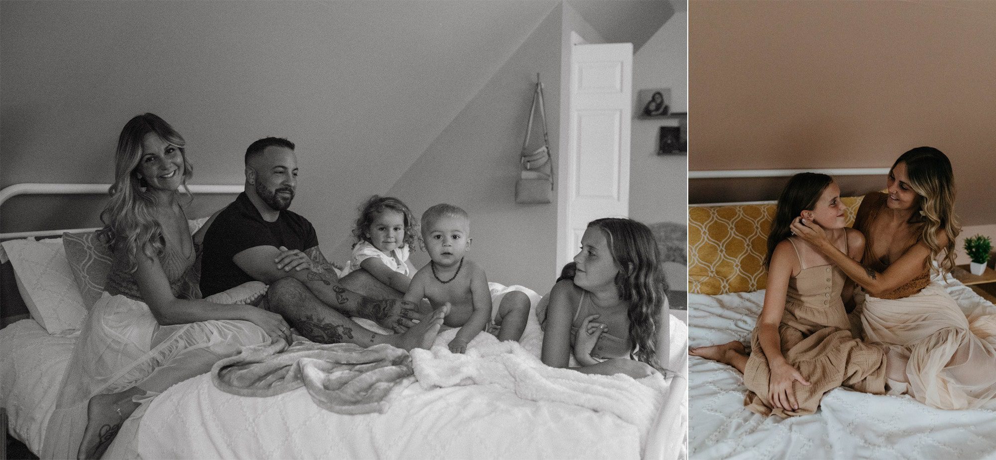 At-home family photos shot on film, family snuggled up on bed together