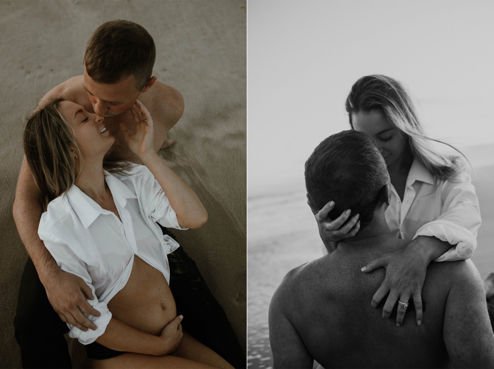 Pregnant couple romantic photoshoot in the waves of the ocean on the shore of the beach 