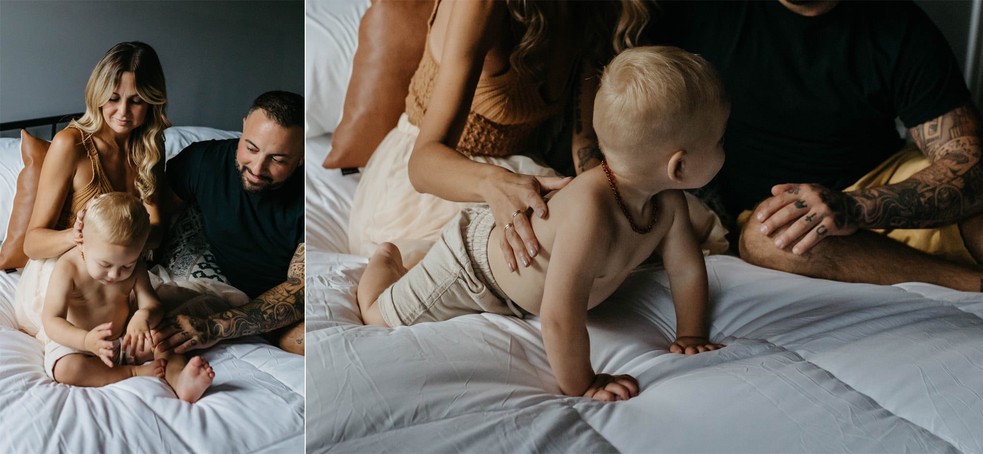 At-home family photos of parents and baby shot on film