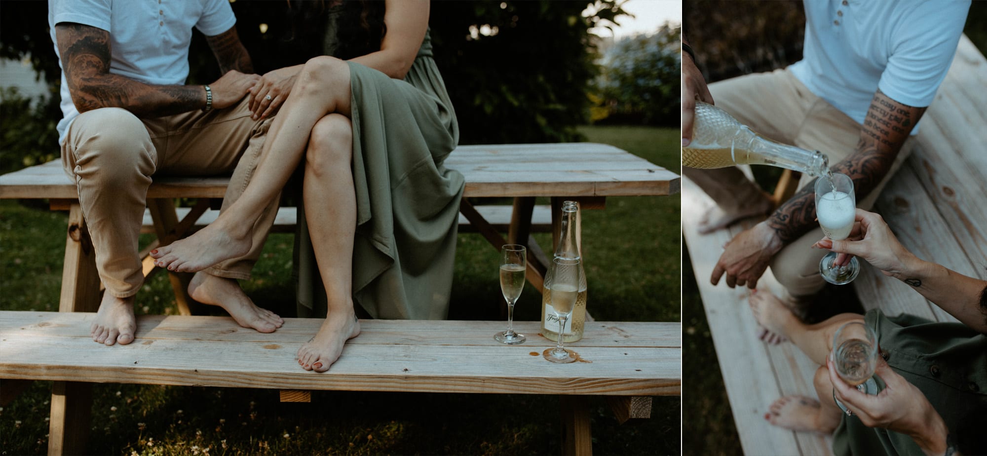 couple drinking wine at a picnic table engagement photoshoot backyard