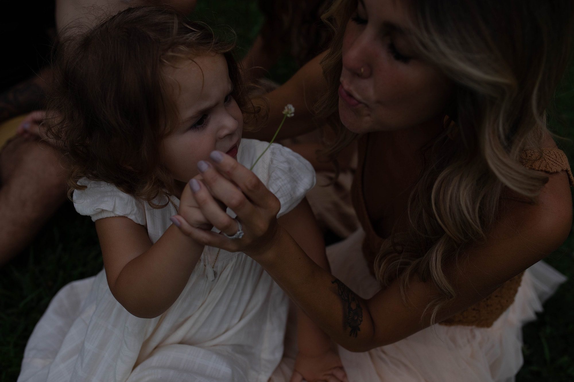 A sweet moment between mother and daughter blowing out a dandelion captured on film