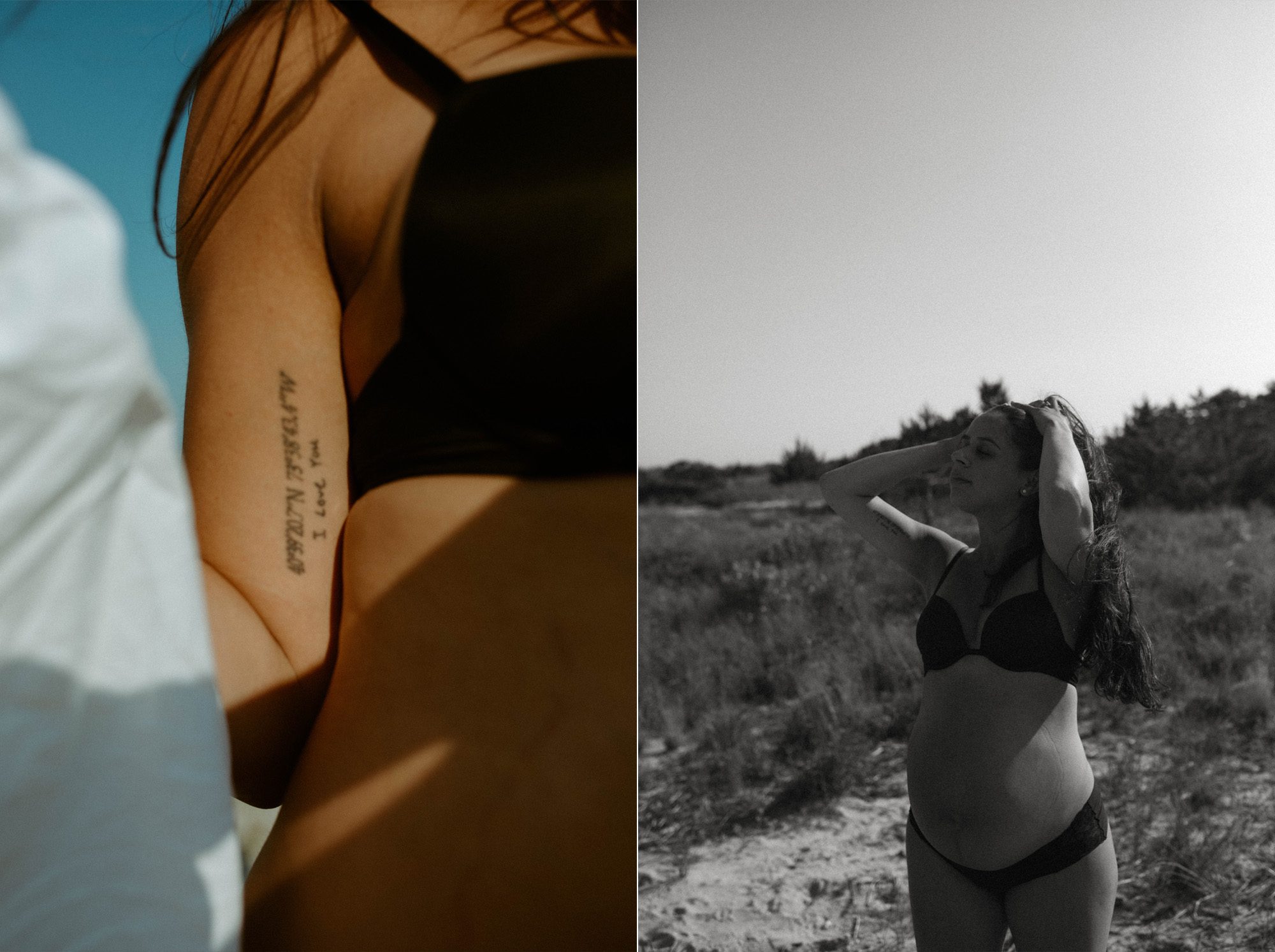 Pregnant woman beach maternity photos simple tattoos long hair.Beach Maternity Portraits