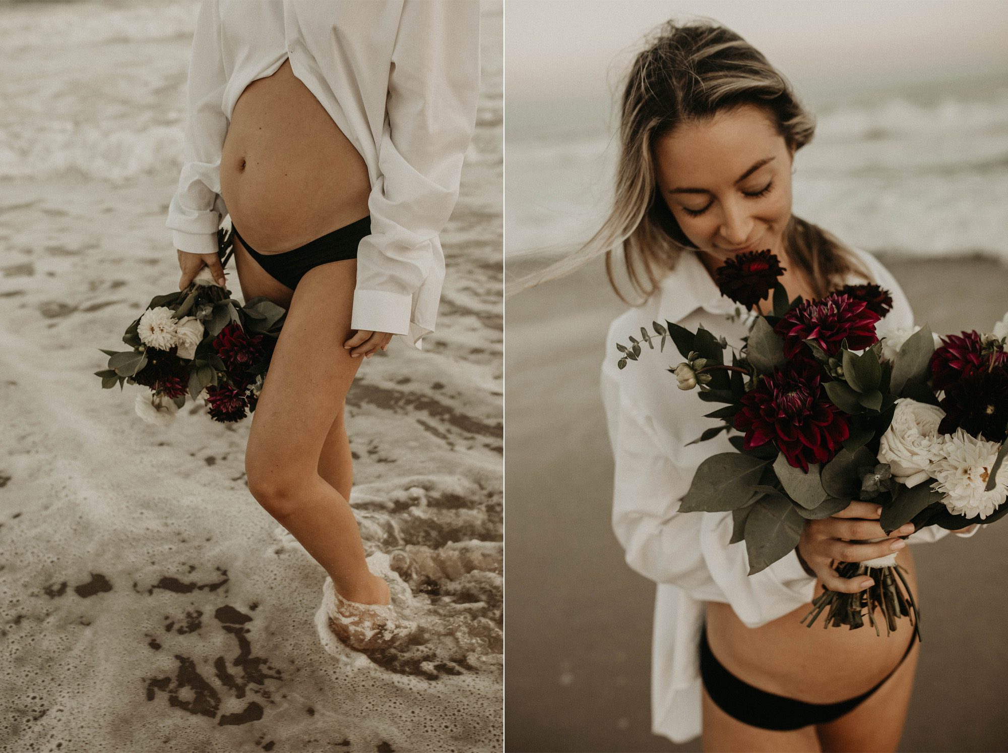 Pregnant woman holds a floral bouquet on the shore of the beach. beach maternity portraits