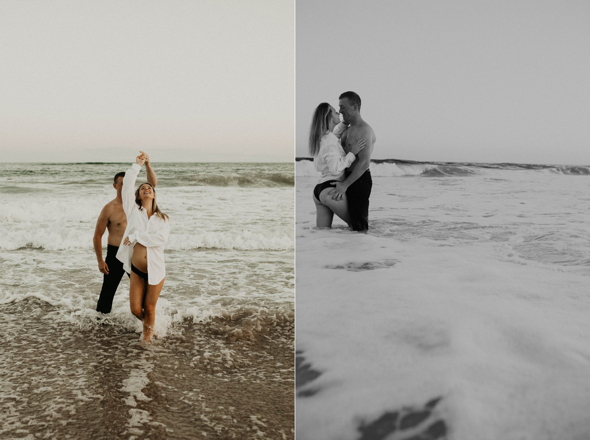 Expecting couple romantically dances in the waves of the ocean. beach maternity portraits