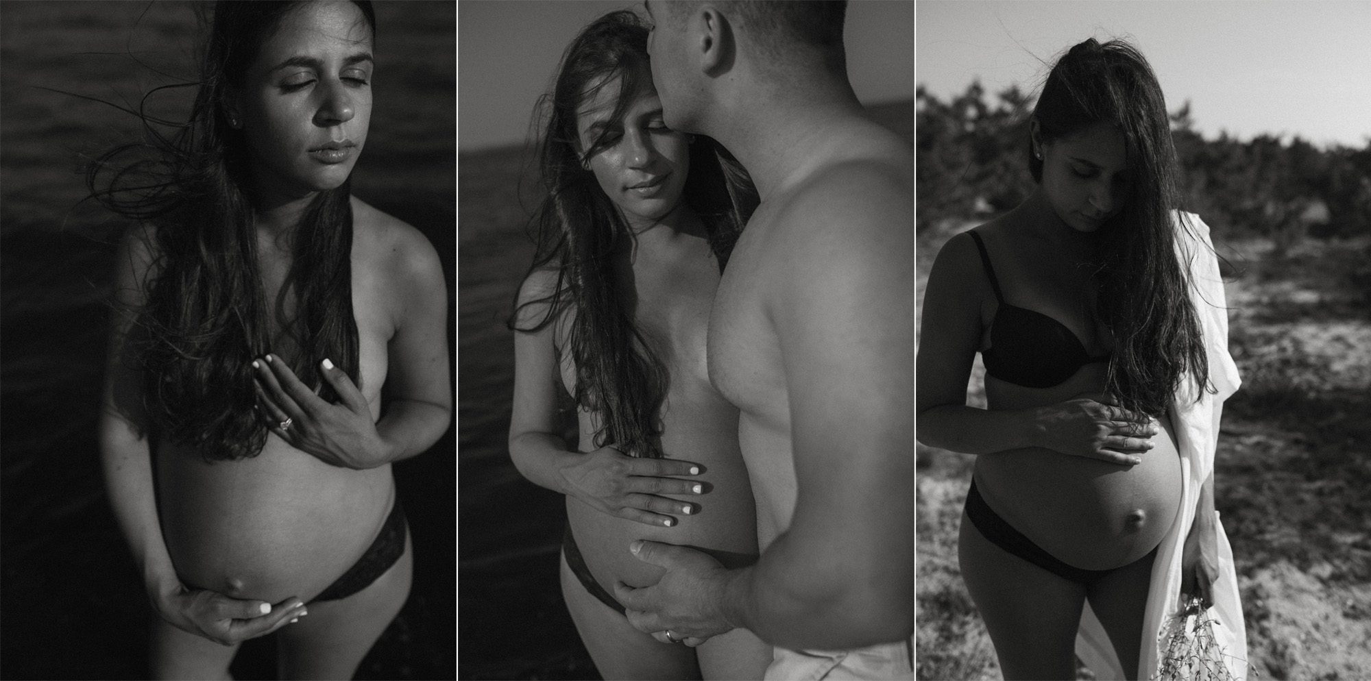 black and white Pregnant woman desert maternity couples photos 