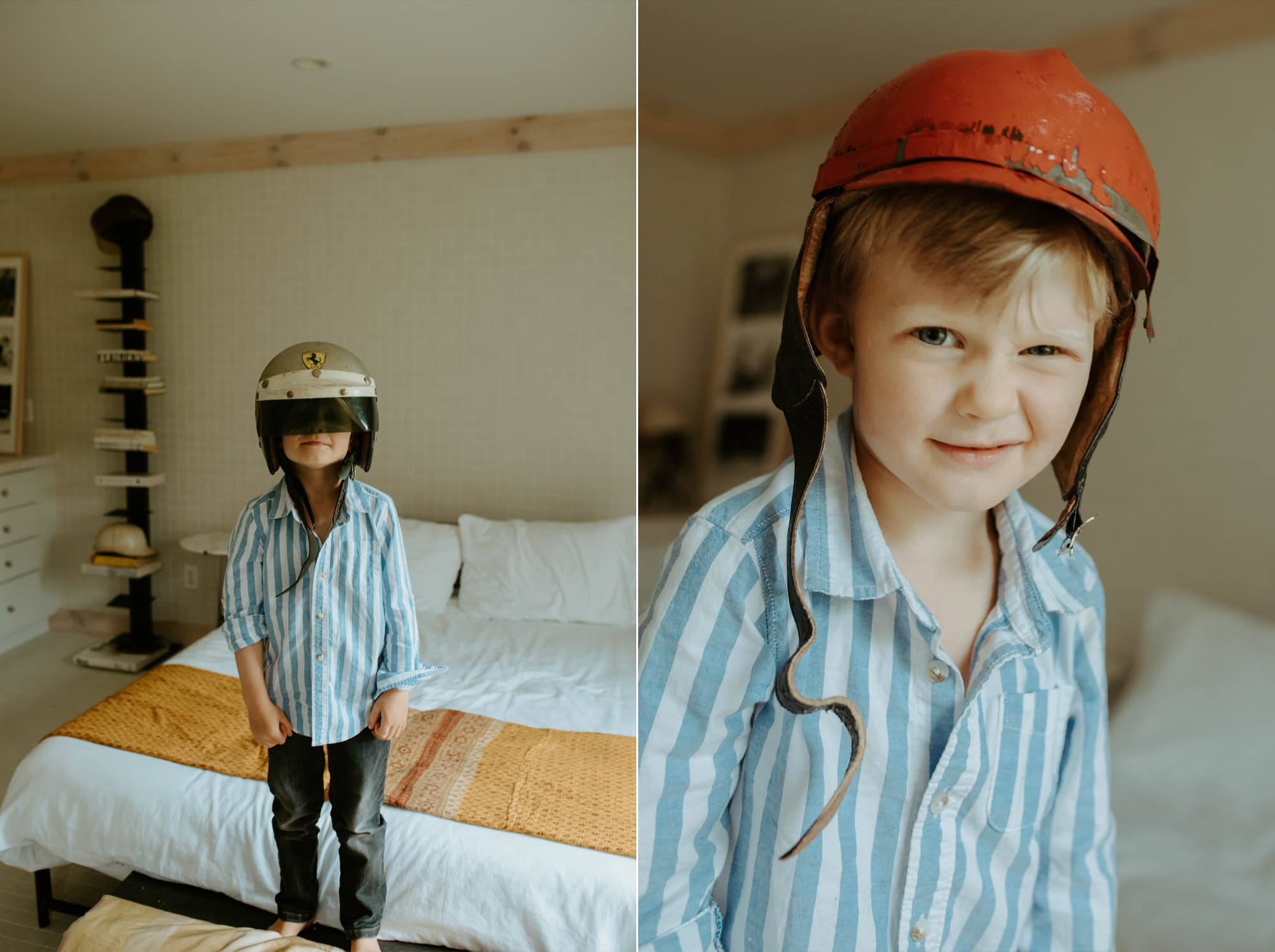 A boy poses in his great grandfather's Ferrari racing helmet.