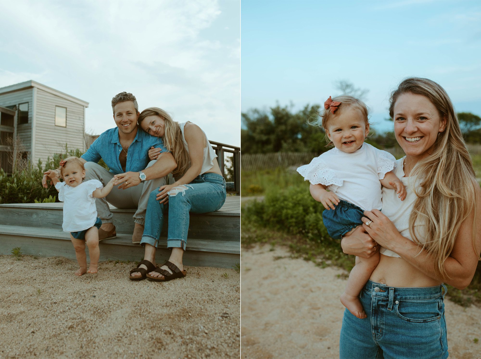 family of three photoshoot on the beach, mother father and daughter poses in denim and white outfits 