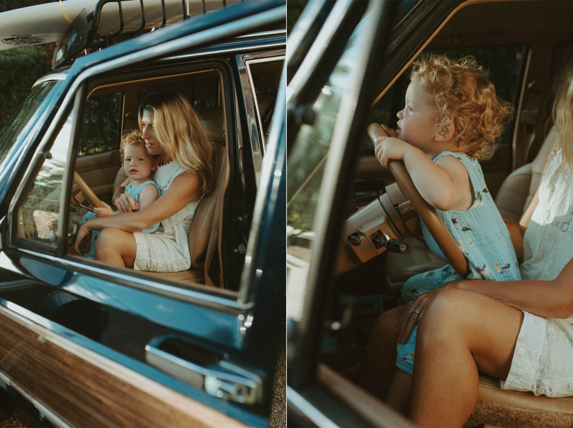 mom and son portraits in a vintage jeep wagoneer
