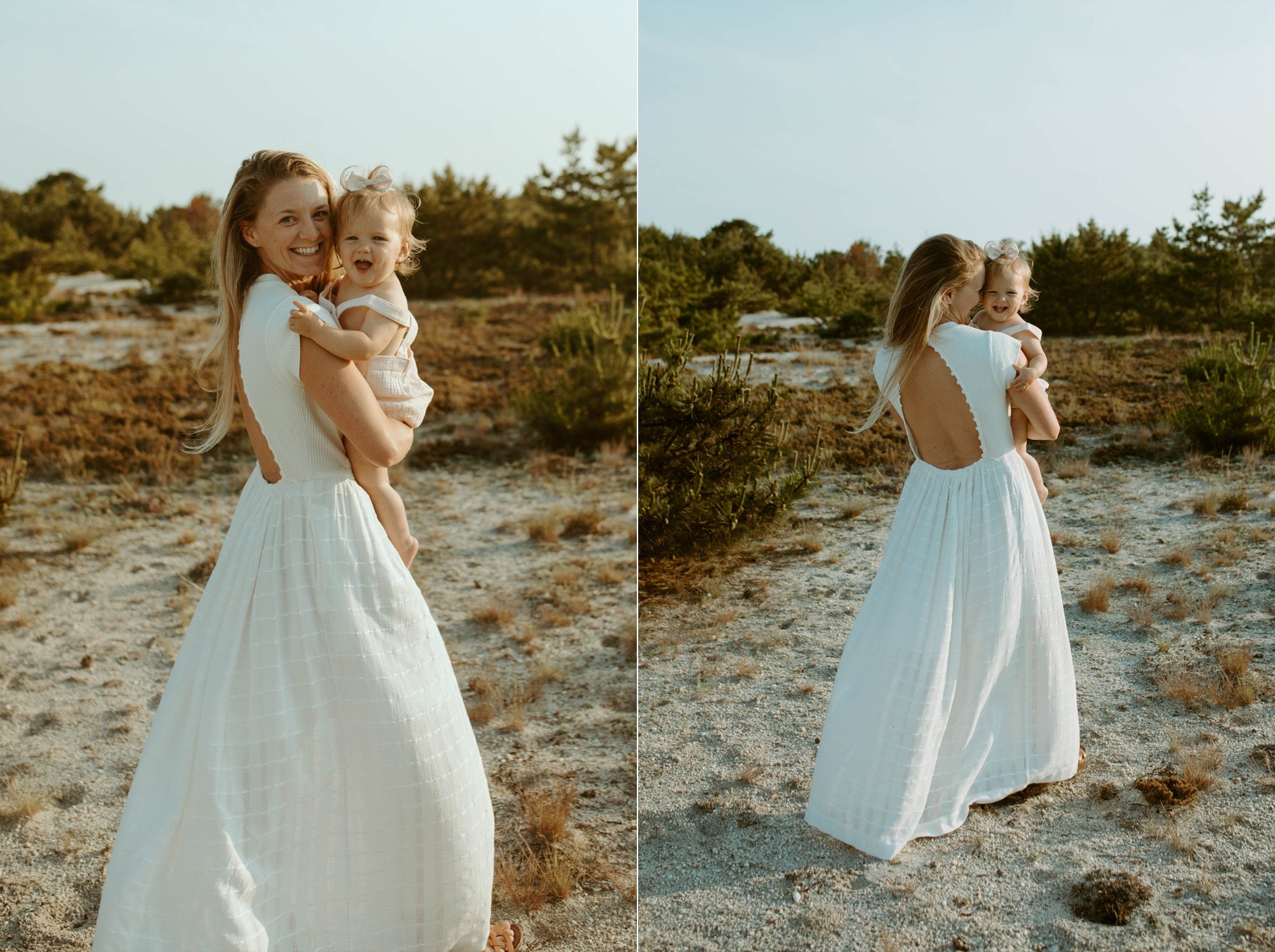 white dress mom and baby photoshoot on the beach