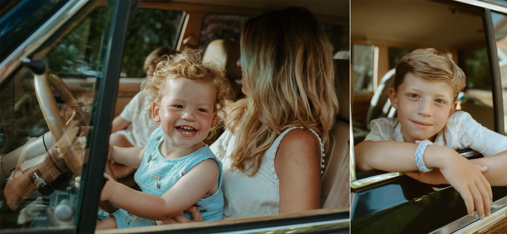 family portraits in front of their wood paneled jeep wagoneer in the summertime New England home