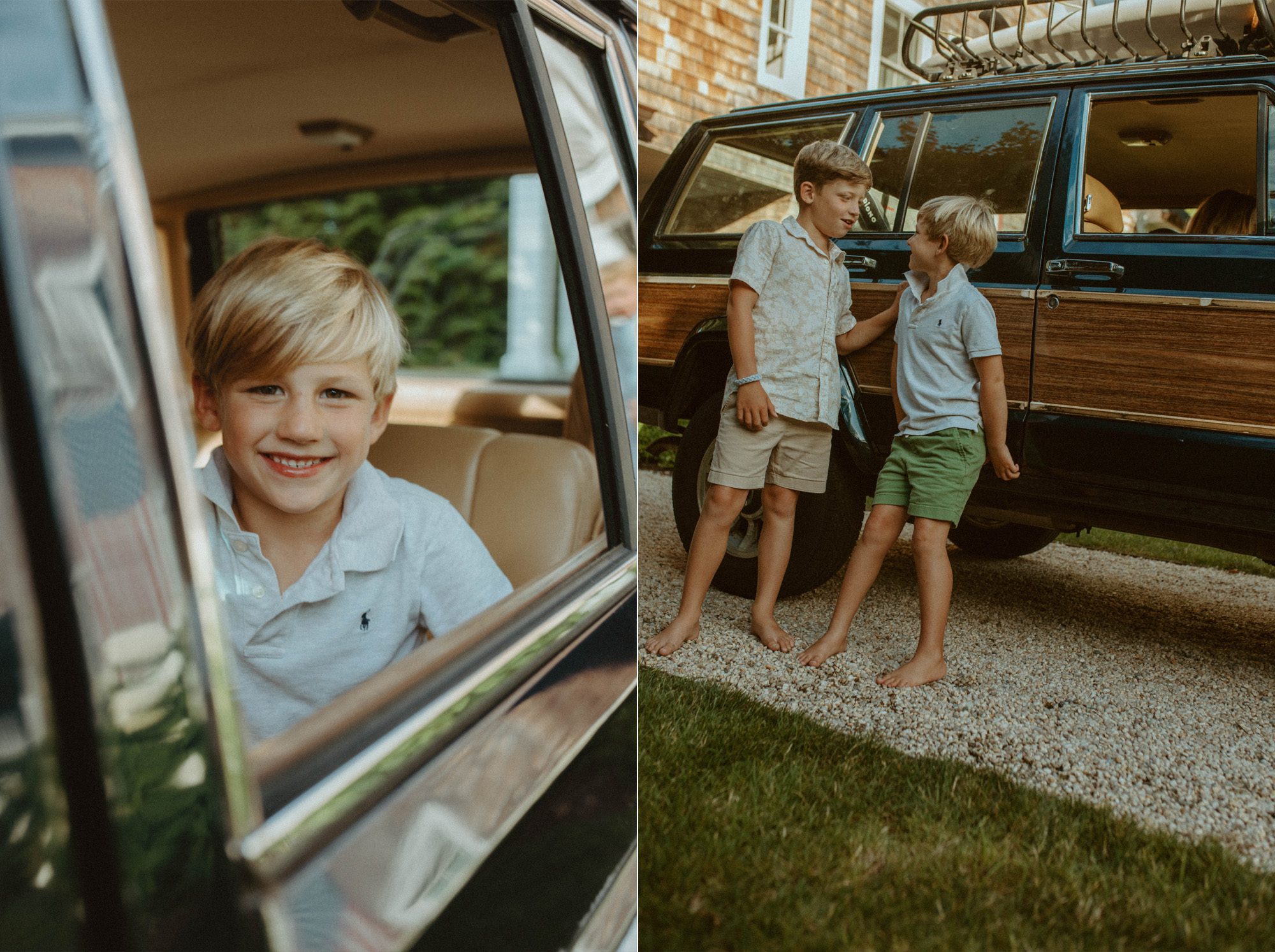 brother portraits in front of their wood paneled jeep wagoneer in the summertime New England home, Long Island family photographer
