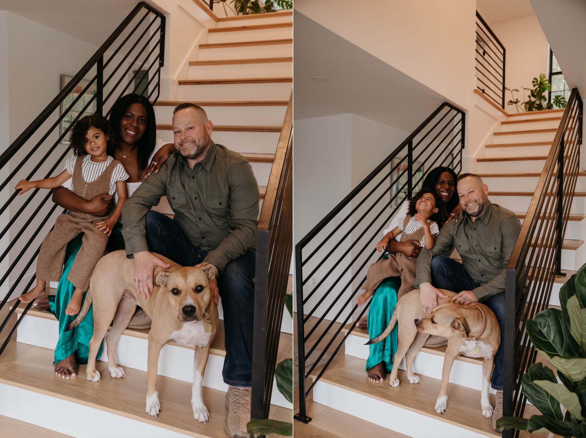 mother father daughter portraits with dog on staircase. family photo session at home. Boston area NYC family photographer 