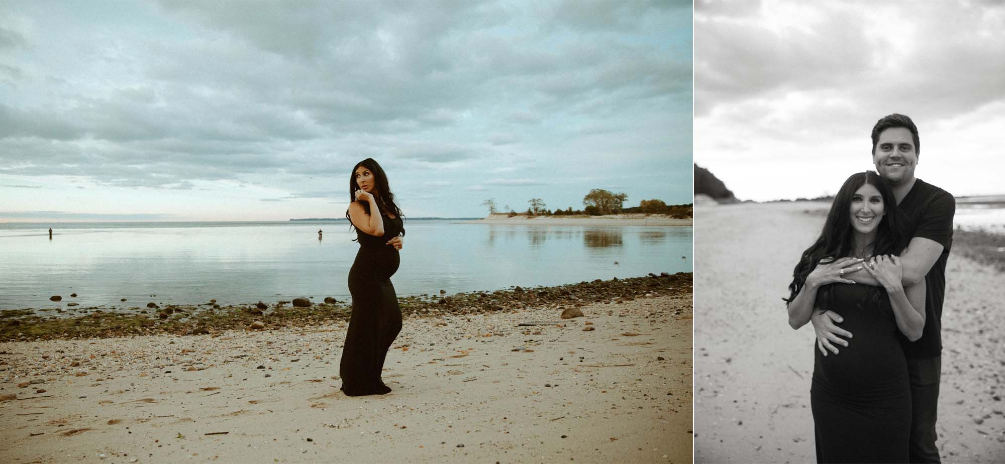 beach maternity photo session on Long Island, black and white couples portraits 