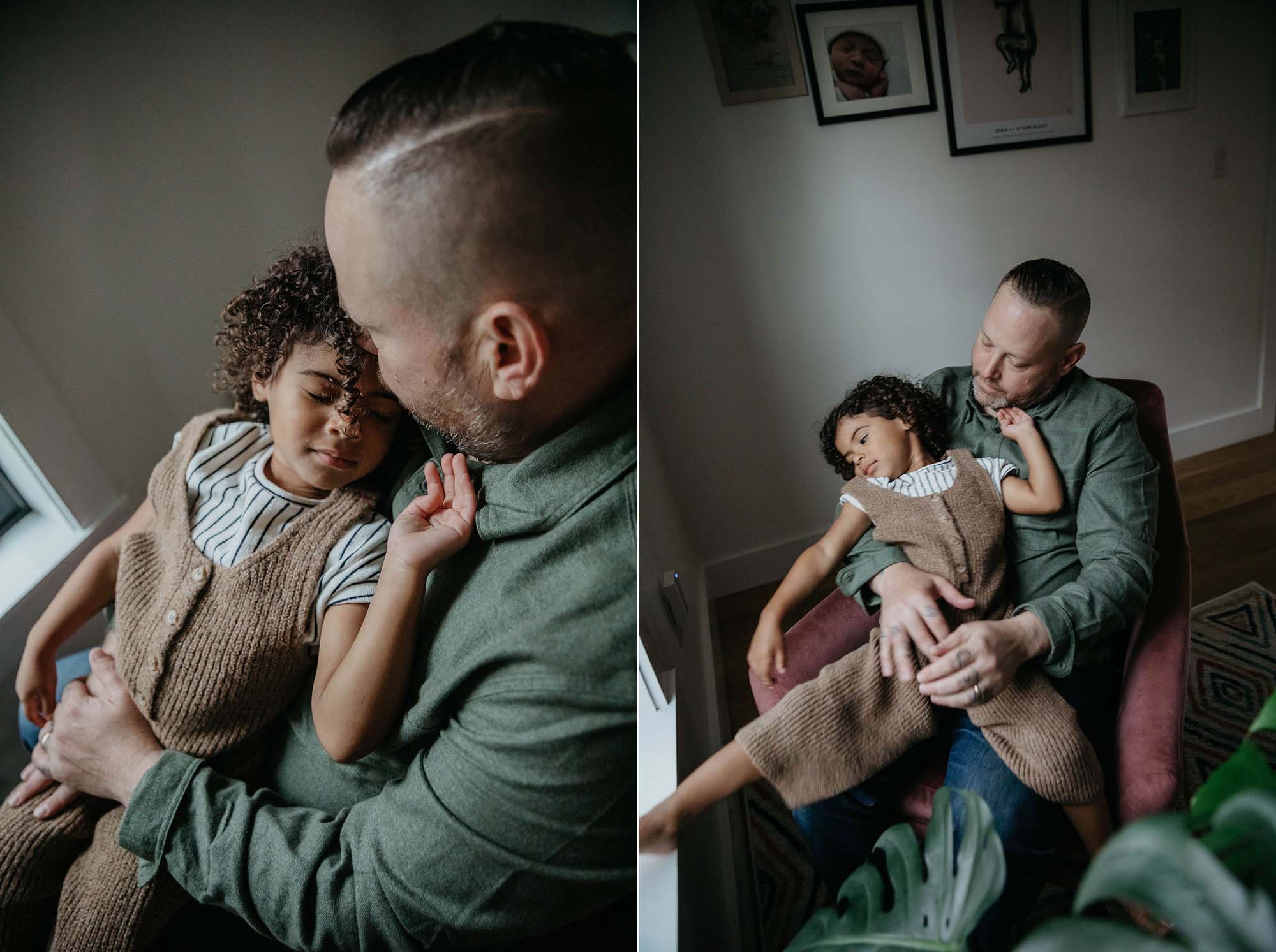 father daughter portraits with plants and gorgeous natural light. family photo shoot at home. Boston area NYC family photographer 