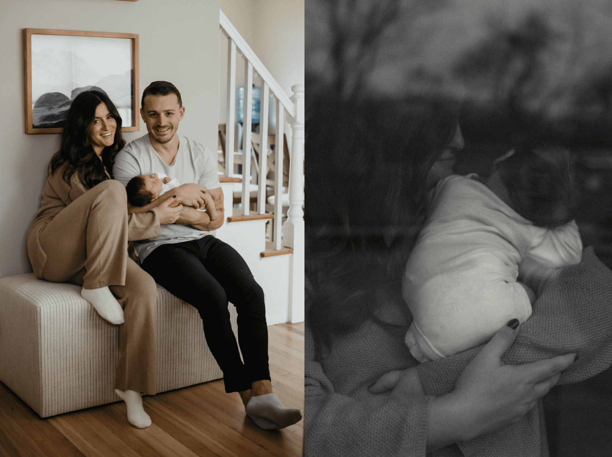 In home newborn photoshoot. Neutral color family photos. New York family photographers. Black and white family maternity shoot. Newborn portrait